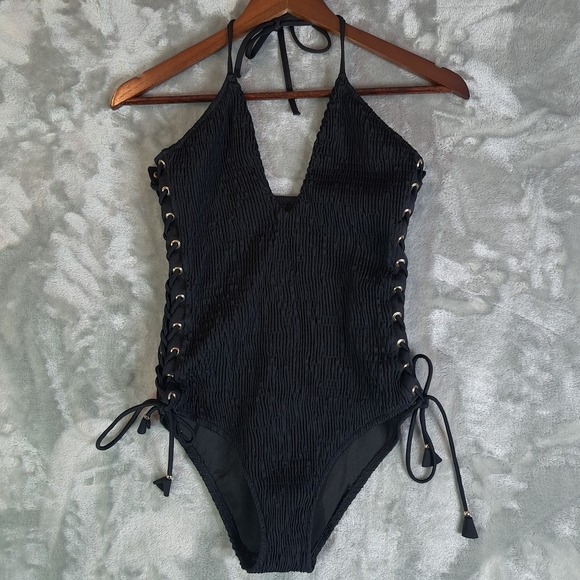 Victoria's Secret Other - Victoria Secret Ensenada Smocked One Piece Swimsuit Medium M Black Lace Up 34777
